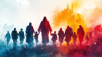 Poster - people holding hands with jesus christ digital watercolor painting