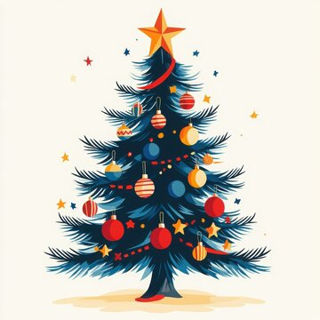 Colorful illustration of a Christmas tree decorated with red blue and yellow ornaments and a star