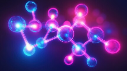 Fototapete - A vibrant abstract representation of molecular structures with glowing nodes in blue and pink hues, creating a dynamic science-themed visual.