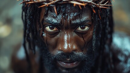 Poster - portrait of black jesus christ with crown of thorns on his head photorealistic portrait close up