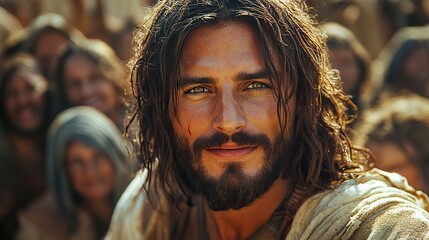 Poster - portrait of jesus christ in front of crowd of people