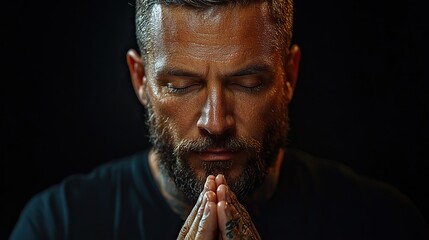 Poster - praying man in black cloth on black background with copy space