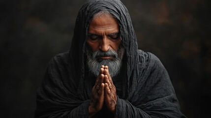 Poster - praying man in black cloth on black background with copy space