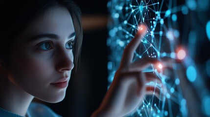 Poster - young woman interacting with a futuristic digital interface in a dark room during a tech innovation 