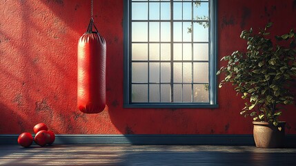 Poster - punching bag in a boxing gym dumbbell and boxing glove on a cream background simple concept for a sport 3d rendering for backgrounds in picture frames presentations and web page