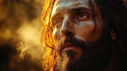 Poster - resurrection portrait of jesus christ on a foggy background with space for text