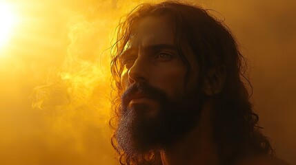 Poster - resurrection portrait of jesus christ on a foggy background with space for text