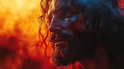 Poster - resurrection portrait of jesus christ on a foggy background with space for text