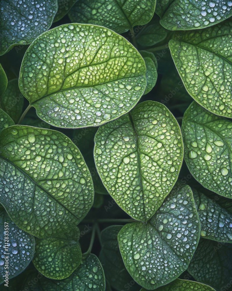 Macro shot of vibrant green leaves with intricate textures, glistening ...
