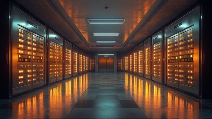 Fototapete - safe deposit boxes and realistic lockers for safe keeping in 3d a group of steel vaults with code locks for personal use in subterranean or basement storag