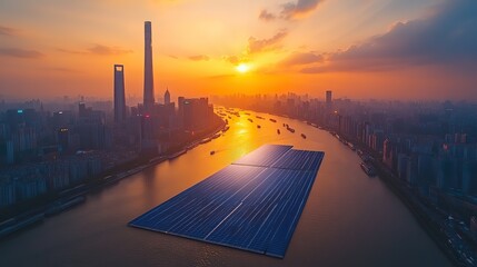 Poster - shanghai bund skyline landmark solar panel plant with renewable energy and ecological aspect