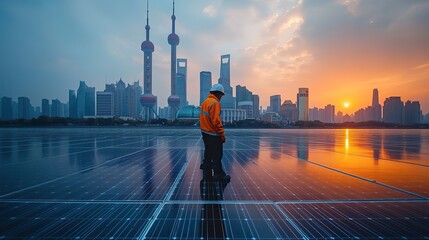 Poster - shanghai bund skyline landmark solar panel plant with renewable energy and ecological aspect