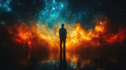 Poster - silhouette of man in worship against composite image of starry sky worship