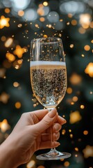 Wall Mural - Holding a celebratory champagne glass surrounded by sparkling stars and festive lights