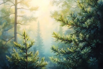 Wall Mural - Light filters through the trees in a serene forest at dawn creating a peaceful atmosphere