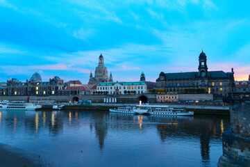 Wall Mural - embankment of dresden and river elbe at night with art gallery buiding