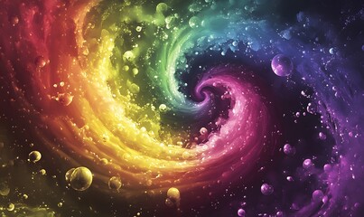 Vibrant swirling galaxy with rainbow colors and bubbles.