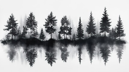 Aufkleber - viewed from a distance a horizontal stand of black and white pen and ink and graphic novel style tree silhouettes comprising both pine and deciduous trees is isolated on a white background