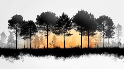 Aufkleber - viewed from a distance a horizontal stand of black and white pen and ink and graphic novel style tree silhouettes comprising both pine and deciduous trees is isolated on a white background