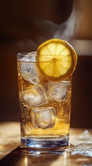 Wall Mural - Refreshing citrus drink with sparkling water and dried lemon garnish in vibrant atmosphere