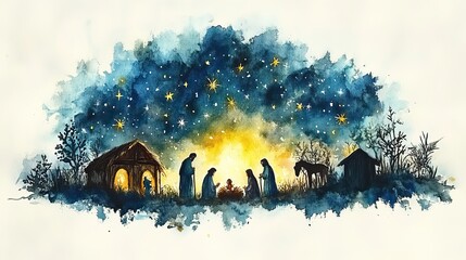 Aufkleber - watercolor of christmas nativity scene