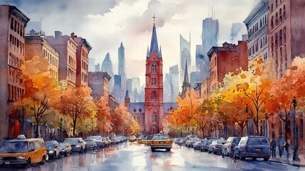 Poster - watercolor painting of a little church in new york cityscape skyline
