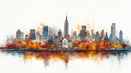 Poster - watercolor painting of a little church in new york cityscape skyline