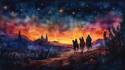 Poster - watercolor painting of the visit of the three wise men