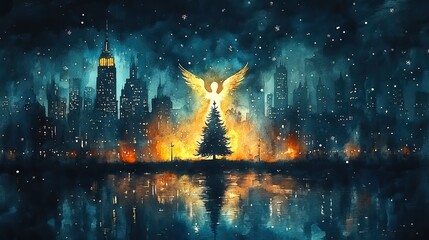 Aufkleber - winter cityscape with christmas tree and angel silhouette watercolor illustration