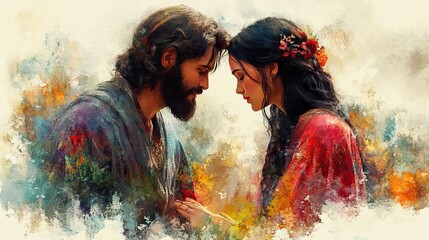 Poster - woman touches jesus a woman kneels touching jesus garment watercolor digital painting