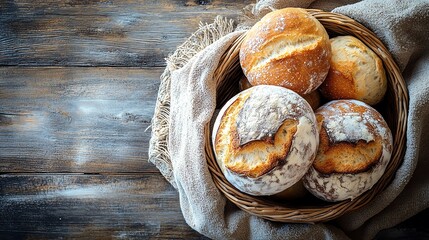 Wall Mural - Freshly baked bread rolls in a basket, ready to be enjoyed.