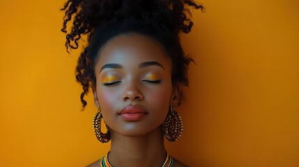 Aufkleber - young african american woman praying with closed eyes on orange background