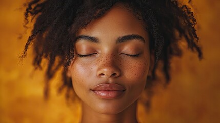 Aufkleber - young african american woman praying with closed eyes on orange background