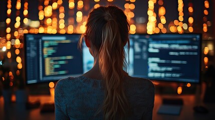 Poster - young caucasian woman programming on desktop computer with two monitors setup in spacious office female software developer creating saas platform for businesses in innovative start up compan