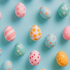 Poster - Colorful polka dot eggs arranged on a bright blue background for a festive spring celebration