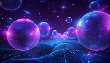 Aufkleber - Retrofuturistic Laser Grid With Neon Glowing Spheres: Embracing Vaporwave And Synthwave Aesthetics In Design. A Fusion Of Old And New.