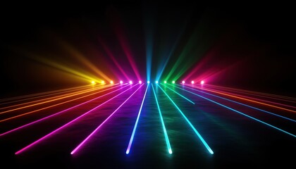 Aufkleber - 3d Render Of Neon Light On Darkness: Abstract Laser Show At Night In Ultraviolet Spectrum For Mockup And Web Design.