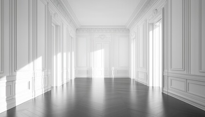 Poster - Classic Interior Style: White Empty Room With Dark Laminate Floor, Featuring A Perspective On Blank Space Architecture.