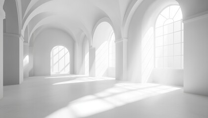 Poster - Abstract Of An Empty White Concrete Room With Sunlight Casting Window Shadow On Wall And Floor, Perspective Of Modern Architecture. 3d Render.