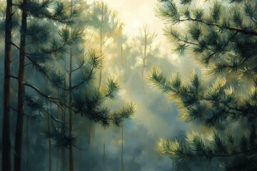 Wall Mural - Light filters through the trees in a serene forest at dawn creating a peaceful atmosphere