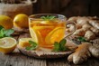 © olegganko - Fresh lemon ginger tea with mint and lemon slices in a glass cup on a wooden table