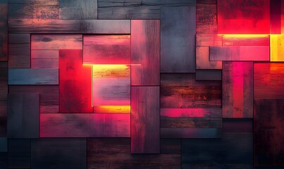 Poster - Natural wood background with glowing neon accents highlighting the grain patterns