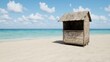 © TI3ee - Rustic beach hut on sandy shore under sunny sky.