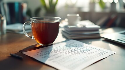 A professional display of a balance sheet and tax documents on a stylish desk, with a cup of tea beside them.