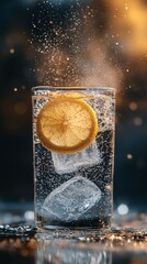 Wall Mural - Refreshing citrus drink with sparkling water and dried lemon garnish in vibrant atmosphere