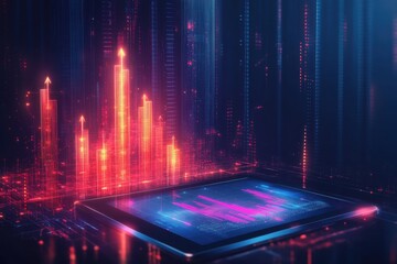 Poster - Digital illustration of upward trend with glowing bar graph