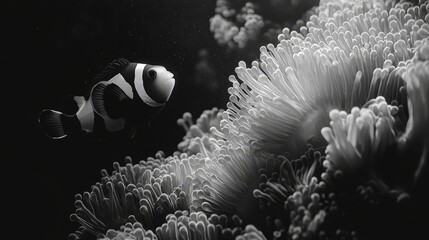 Wall Mural - A black and white photo of a clown fish in an anemone