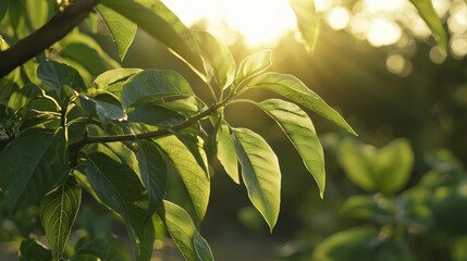 A close up of a tree branch with green leaves