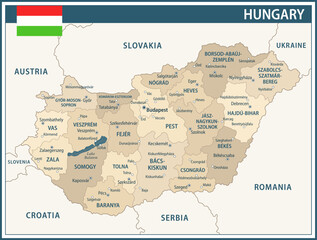 Hungary Map Vector Vintage Dark Blue Beige - Customizable layered political map of Hungary with administrative divisions for website, education, reports, news, politics, print, poster and wallpaper