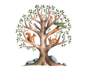 Wall Mural - colorful tree illustration with various animals engaging in activities among lush leaves and rocks